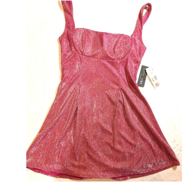 City Vibe Womens Junior Magenta Glitter Metallic Bow Flare Dress Size 11 Formal - Picture 3 of 11